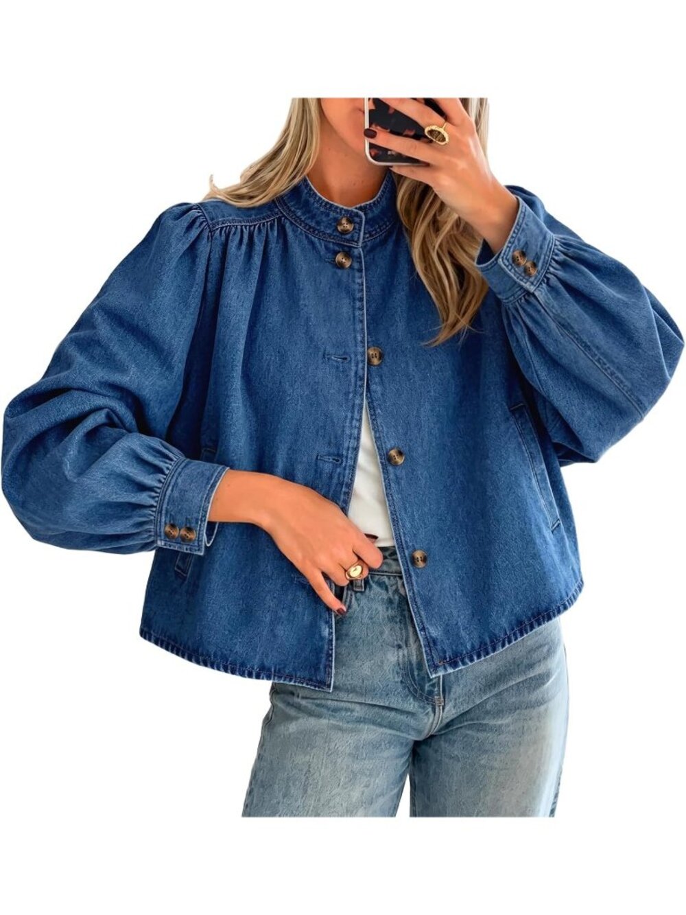 Women’s Jean Blue Puff Sleeve Stand Collar Button Down Loose Fit Jean Jacket